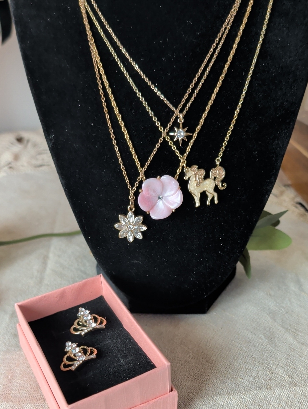 Princesscore Fairytale Jewelry Lot Crown Earrings, Whimsical Horse, Pink Floral,
